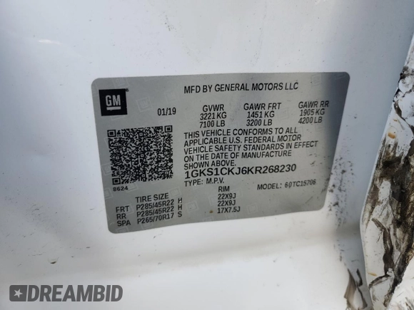 2019 GMC Yukon Denali with VIN 1GKS1CKJ6KR268230, listed as a Copart auction lot 47489035 with 49,549 mi miles and Salvage Title. Bid and sale history available at carsss.com. Image 14.