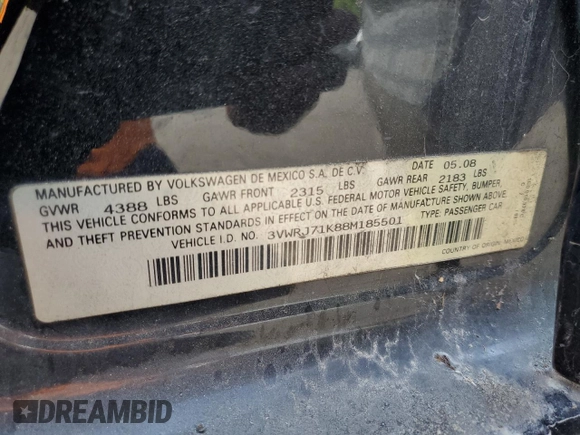 2008 Volkswagen Jetta Wolfsburg Edition with VIN 3VWRJ71K88M185501, listed as a Copart auction lot 62195385 with 156,017 mi miles and Clean title. Bid and sale history available at DreamBid. Image 12.