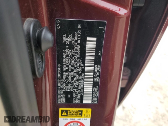 2013 Lexus RX 450h with VIN JTJZB1BA6D2413240, listed as a Copart auction lot 51524795 with 111,350 mi miles and Salvage title. Bid and sale history available at DreamBid. Image 13.