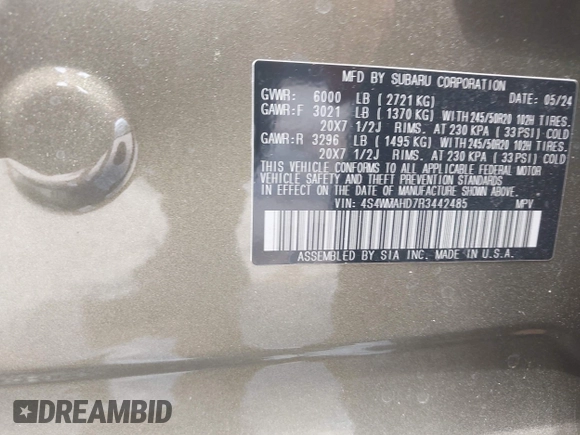 2024 Subaru Ascent Onyx with VIN 4S4WMAHD7R3442485, listed as a IAAI auction lot 42060740 with 9,518 mi miles and . Bid and sale history available at DreamBid. Image 9.