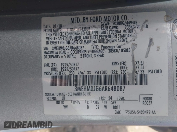 2010 Mercury Milan Premier z VIN 3MEHM0JG6AR648087, wystawiony jako IAAI lot #42483325 z przebiegiem 202 019 mil mil oraz . Historia ofert i sprzedaży dostępna na DreamBid. Obrazek 9.