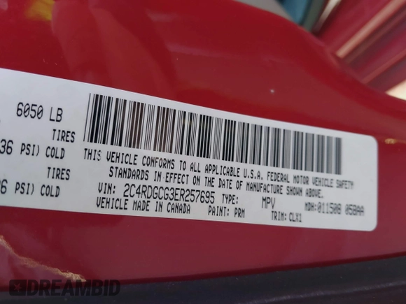 2014 Dodge Grand Caravan SXT with VIN 2C4RDGCG3ER257695, listed as a IAAI auction lot 41534568 with 116,896 mi miles and . Bid and sale history available at DreamBid. Image 9.