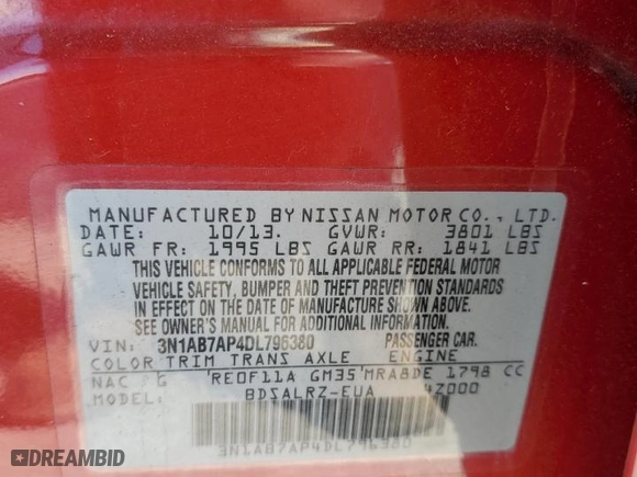 2013 Nissan Sentra SR with VIN 3N1AB7AP4DL796380, listed as a Copart auction lot 53377945 with 90,551 mi miles and Salvage Title. Bid and sale history available at carsss.com. Image 13.