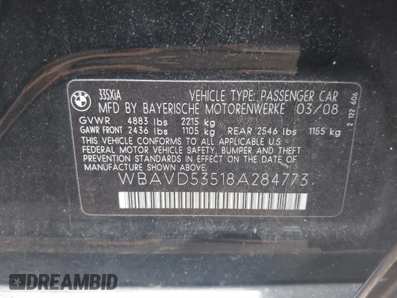 2008 BMW 3 Series 335xi with VIN WBAVD53518A284773, listed as a IAAI auction lot 39953178 with Not provided miles and . Bid and sale history available at DreamBid. Image 9.