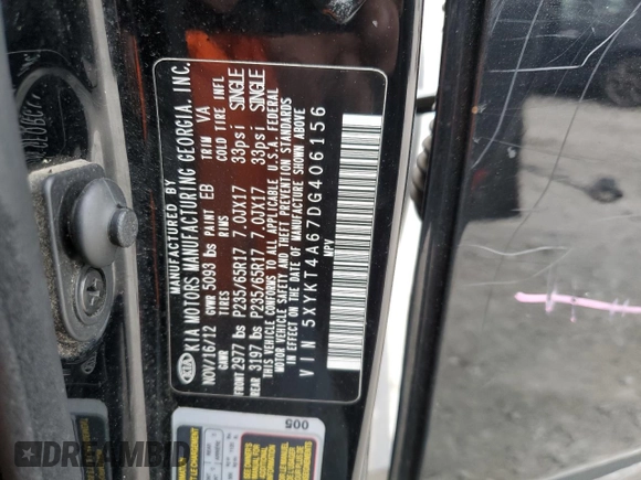2013 Kia Sorento LX with VIN 5XYKT4A67DG406156, listed as a Copart auction lot 51666395 with 146,981 mi miles and Clean Title. Bid and sale history available at carsss.com. Image 16.