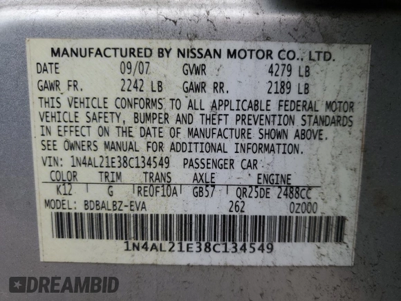 2008 Nissan Altima 2.5 S with VIN 1N4AL21E38C134549, listed as a Copart auction lot 52996305 with 175,471 mi miles and Salvage Title. Bid and sale history available at carsss.com. Image 12.