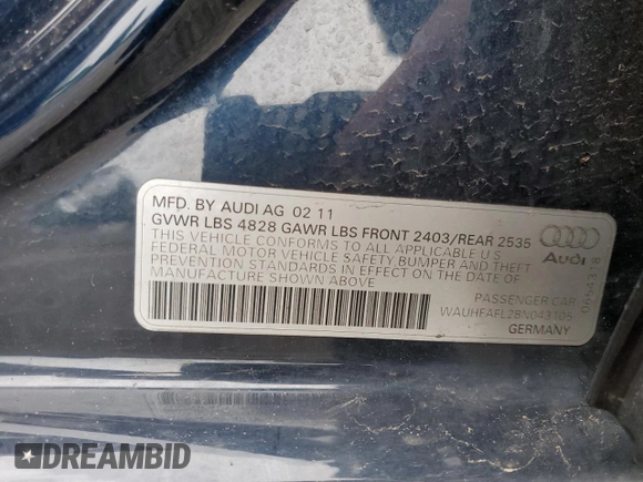 2011 Audi A4 2.0T Premium Plus with VIN WAUHFAFL2BN043105, listed as a Copart auction lot 45954665 with 71,200 mi miles and Salvage Title. Bid and sale history available at carsss.com. Image 12.