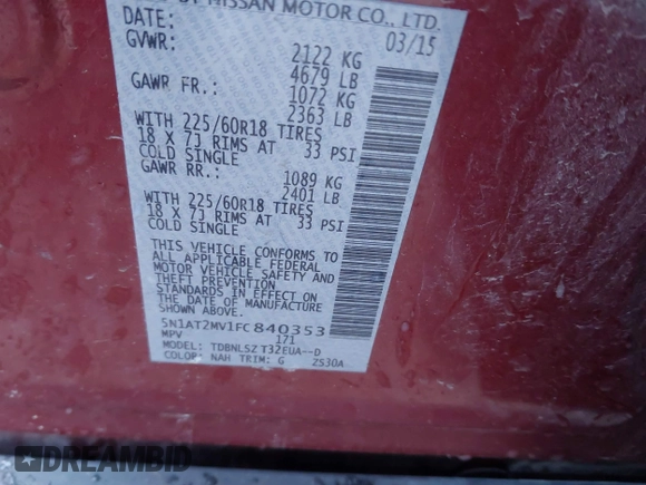 2015 Nissan Rogue SL with VIN 5N1AT2MV1FC840353, listed as a IAAI auction lot 41254413 with Not Provided miles. Bid and sale history available at carsss.com. Image 9.