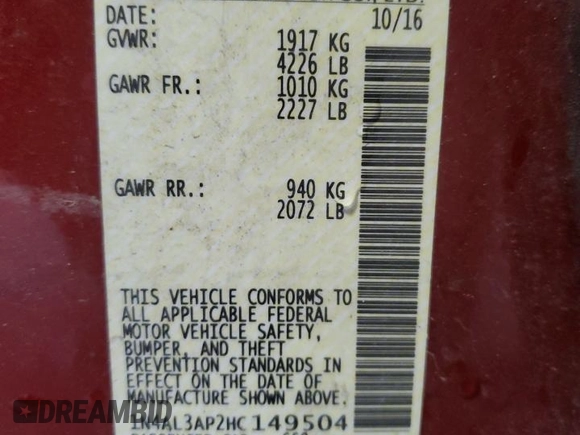 2017 Nissan Altima SV with VIN 1N4AL3AP2HC149504, listed as a Copart auction lot 54508195 with Not Provided miles and Salvage Title. Bid and sale history available at carsss.com. Image 13.
