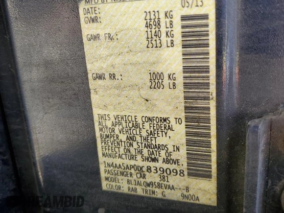 2013 Nissan Maxima SV with VIN 1N4AA5AP0DC839098, listed as a Copart auction lot 62362045 with Not provided miles and Salvage title. Bid and sale history available at DreamBid. Image 12.