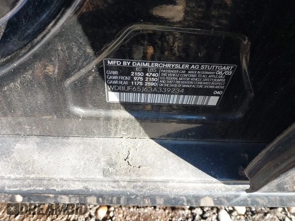 2003 Mercedes-Benz E 320 z VIN WDBUF65J63A339234, wystawiony jako IAAI lot #41436638 z przebiegiem Nie podano mil oraz . Historia ofert i sprzedaży dostępna na DreamBid. Obrazek 9.