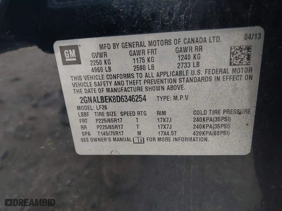 2013 Chevrolet Equinox LS with VIN 2GNALBEK8D6346254, listed as a IAAI auction lot 41993842 with 186,508 mi miles. Bid and sale history available at carsss.com. Image 9.