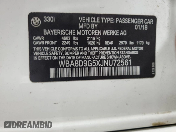2018 BMW 3 Series 330i xDrive with VIN WBA8D9G5XJNU72561, listed as a Copart auction lot 55093355 with 28,411 mi miles and Salvage title. Bid and sale history available at DreamBid. Image 13.