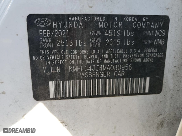 2021 Hyundai Sonata Hybrid SEL with VIN KMHL34JJ4MA030956, listed as a Copart auction lot 83963904 with 49,914 mi miles and Salvage Title. Bid and sale history available at carsss.com. Image 14.