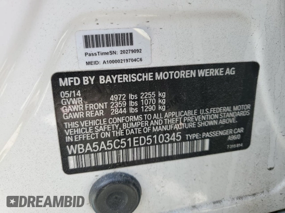 2014 BMW 5 Series 528i with VIN WBA5A5C51ED510345, listed as a Copart auction lot 48474095 with 91,515 mi miles and Salvage Title. Bid and sale history available at carsss.com. Image 12.