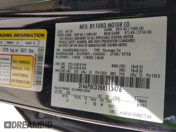 2019 Ford Fusion SEL with VIN 3FA6P0CD2KR113476, listed as a IAAI auction lot 41868614 with 86,650 mi miles. Bid and sale history available at carsss.com. Image 9.