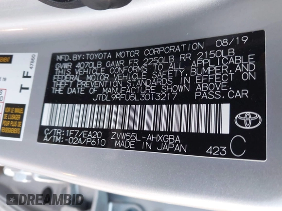 2020 Toyota Prius LE with VIN JTDL9RFU5L3013217, listed as a IAAI auction lot 41650064 with 124,704 mi miles and . Bid and sale history available at DreamBid. Image 9.