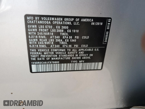 2018 Volkswagen Atlas SE с VIN 1V2DR2CA8JC579860, выставлен на аукционе Copart как лот 48122545 с пробегом 123 298 миль миль и Списание • Salvage title. История ставок и продаж доступна на DreamBid. Изображение 14.