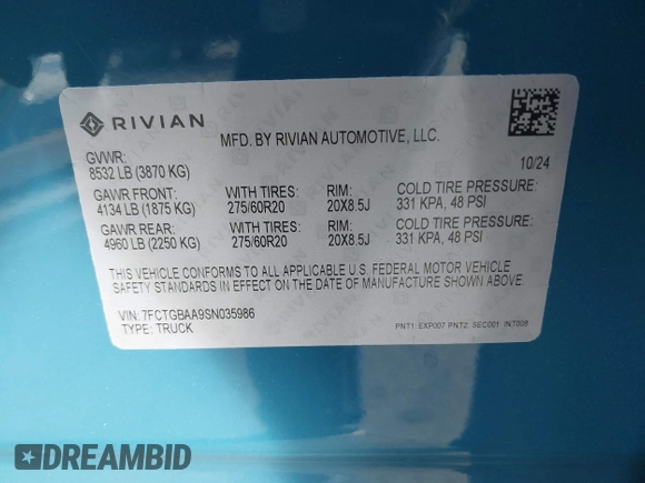2025 Rivian R1T Adventure z VIN 7FCTGBAA9SN035986, wystawiony jako IAAI lot #41510257 z przebiegiem 2 102 mil mil oraz . Historia ofert i sprzedaży dostępna na DreamBid. Obrazek 9.