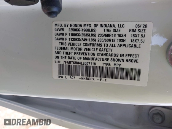 2020 Honda CR-V EX-L with VIN 7FART6H84LE007118, listed as a IAAI auction lot 40517626 with 46,426 mi miles and . Bid and sale history available at DreamBid. Image 9.