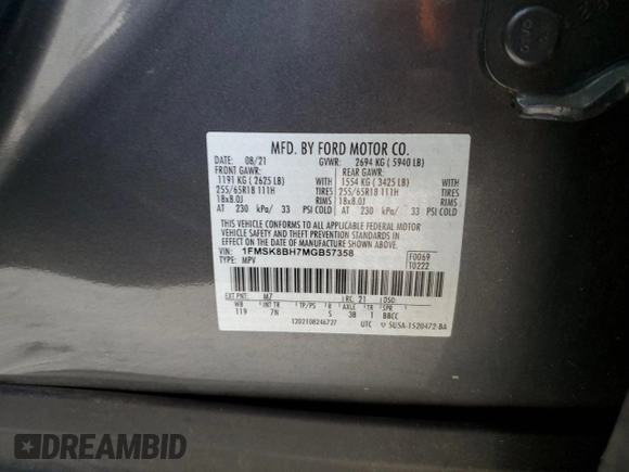2021 Ford Explorer with VIN 1FMSK8BH7MGB57358, listed as a Copart auction lot 80932874 with 68,641 mi miles and Salvage Title. Bid and sale history available at carsss.com. Image 12.