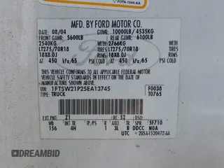 2005 Ford F-250 XL с VIN 1FTSW21P25EA13745, выставлен на аукционе IAAI как лот 42273521 с пробегом 259 024 миль миль и . История ставок и продаж доступна на DreamBid. Изображение 9.