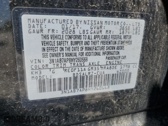 2017 Nissan Sentra S with VIN 3N1AB7AP8HY260668, listed as a Copart auction lot 51239605 with 123,133 mi miles and Clean Title. Bid and sale history available at carsss.com. Image 12.