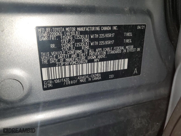 2021 Toyota RAV4 XLE with VIN 2T3P1RFV0MC208028, listed as a Copart auction lot 46228765 with 47,203 mi miles and Salvage Title. Bid and sale history available at carsss.com. Image 13.