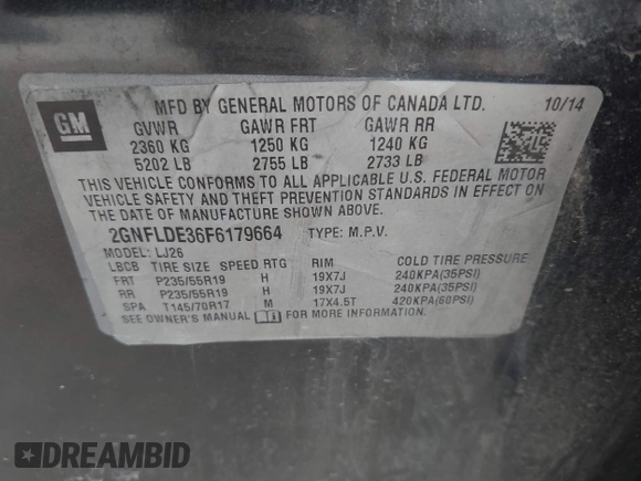 2015 Chevrolet Equinox LTZ with VIN 2GNFLDE36F6179664, listed as a IAAI auction lot 41631867 with 138,165 mi miles. Bid and sale history available at carsss.com. Image 9.