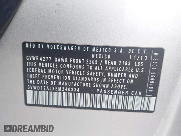2014 Volkswagen Jetta SE with VIN 3VWD17AJXEM240334, listed as a IAAI auction lot 42116810 with 278,707 mi miles and . Bid and sale history available at DreamBid. Image 9.