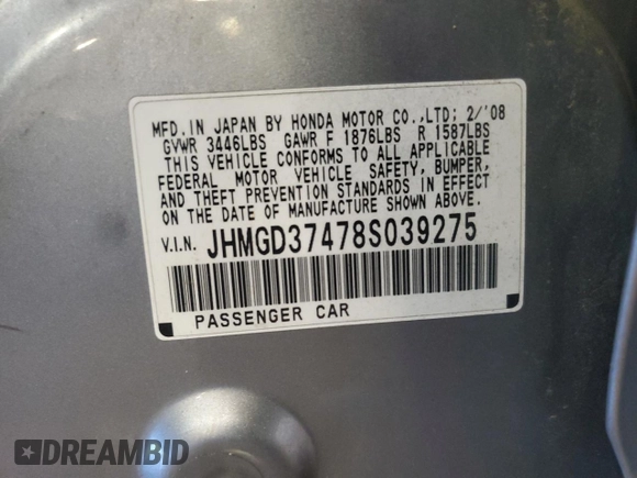 2008 Honda Fit with VIN JHMGD37478S039275, listed as a Copart auction lot 50635475 with 180,719 mi miles and Salvage Title. Bid and sale history available at carsss.com. Image 12.