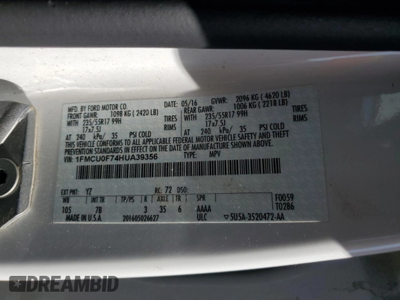 2017 Ford Escape S with VIN 1FMCU0F74HUA39356, listed as a Copart auction lot 61041065 with 228,862 mi miles and Clean title. Bid and sale history available at DreamBid. Image 13.