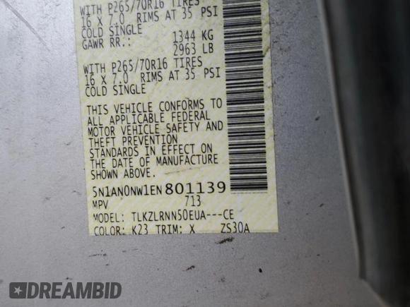 2014 Nissan Xterra X with VIN 5N1AN0NW1EN801139, listed as a Copart auction lot 49270475 with 117,619 mi miles and Salvage Title. Bid and sale history available at DreamBid. Image 13.