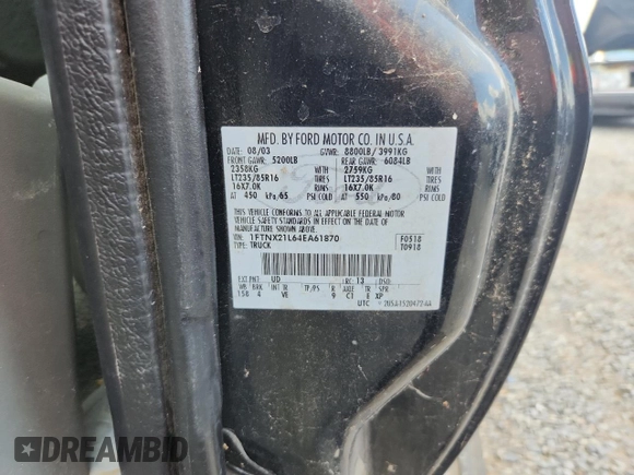 2004 Ford F-250 XL with VIN 1FTNX21L64EA61870, listed as a Copart auction lot 63971805 with 202,804 mi miles and Clean title. Bid and sale history available at DreamBid. Image 12.