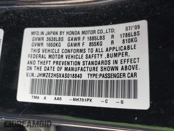 2010 Honda Insight LX with VIN JHMZE2H5XAS018840, listed as a IAAI auction lot 42138165 with 188,467 mi miles and . Bid and sale history available at DreamBid. Image 9.