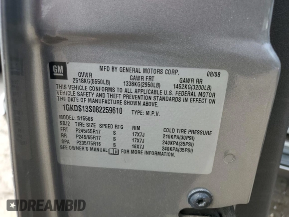2008 GMC Envoy SLE2 with VIN 1GKDS13S082259610, listed as a Copart auction lot 71863234 with 354,113 mi miles and Salvage Title. Bid and sale history available at DreamBid. Image 13.