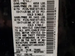 2004 Nissan Murano SL with VIN JN8AZ08T14W200367, listed as a Copart auction lot 71530554 with 178,534 mi miles and Clean Title. Bid and sale history available at carsss.com. Image 13.