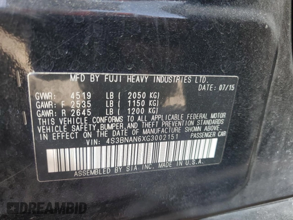 2016 Subaru Legacy Limited с VIN 4S3BNAN6XG3002151, выставлен на аукционе Copart как лот 62919535 с пробегом 88 159 миль миль и Списание • Salvage title. История ставок и продаж доступна на DreamBid. Изображение 12.