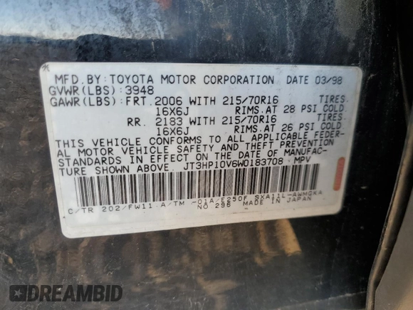 1998 Toyota RAV4 with VIN JT3HP10V6W0183708, listed as a Copart auction lot 87532705 with 273,397 mi miles and Clean title. Bid and sale history available at DreamBid. Image 12.