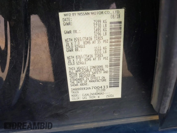 2019 Nissan Frontier SV with VIN 1N6DD0ER1KN700433, listed as a IAAI auction lot 41731808 with 81,477 mi miles and . Bid and sale history available at DreamBid. Image 9.