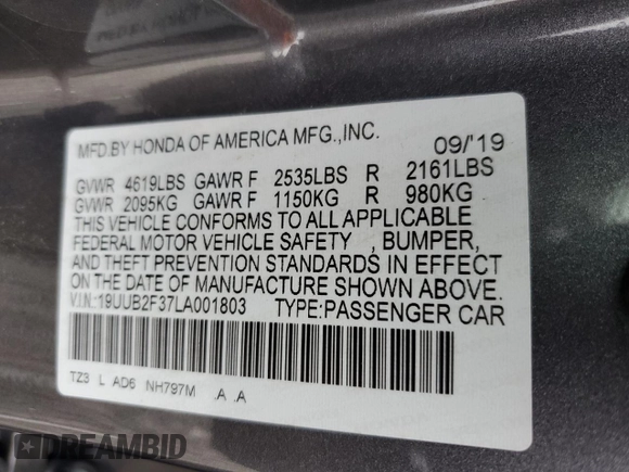 2020 Acura TLX with VIN 19UUB2F37LA001803, listed as a Copart auction lot 63203614 with 0 mi miles and Non Repairable. Bid and sale history available at carsss.com. Image 12.