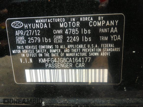 2012 Hyundai Azera with VIN KMHFG4JG8CA164177, listed as a IAAI auction lot 42787380 with 160,980 mi miles and . Bid and sale history available at DreamBid. Image 9.