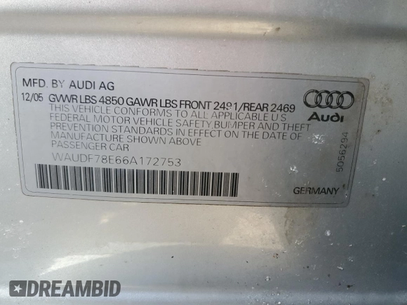 2006 Audi A4 2.0T with VIN WAUDF78E66A172753, listed as a Copart auction lot 44710485 with 191,059 mi miles and Non Repairable. Bid and sale history available at carsss.com. Image 13.