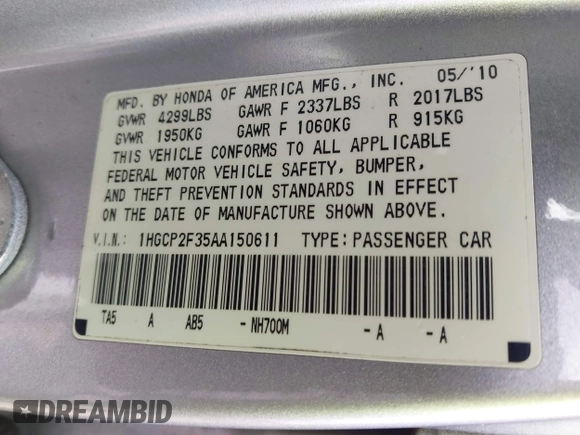 2010 Honda Accord LX with VIN 1HGCP2F35AA150611, listed as a IAAI auction lot 42271340 with 146,976 mi miles and . Bid and sale history available at DreamBid. Image 9.