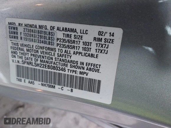2014 Honda Odyssey LX with VIN 5FNRL5H22EB080346, listed as a IAAI auction lot 41282783 with 101,000 mi miles and . Bid and sale history available at carsss.com. Image 9.