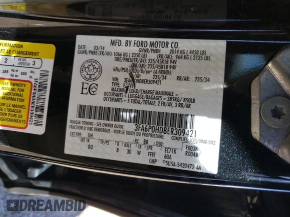 2014 Ford Fusion SE with VIN 3FA6P0HD8ER309421, listed as a Copart auction lot 49384805 with 133,543 mi miles and Salvage Title. Bid and sale history available at carsss.com. Image 13.