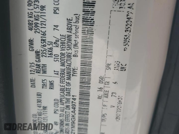 2016 Ford Transit XL с VIN 1FBZX2YM9GKA49741, выставлен на аукционе Copart как лот 64517725 с пробегом 70 321 миль миль и Чистый • Clean title. История ставок и продаж доступна на DreamBid. Изображение 13.