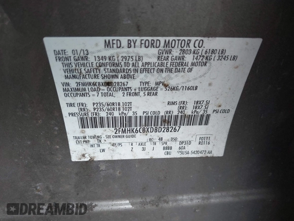 2013 Ford Flex SEL with VIN 2FMHK6C8XDBD28267, listed as a IAAI auction lot 41498787 with 129,105 mi miles. Bid and sale history available at carsss.com. Image 9.