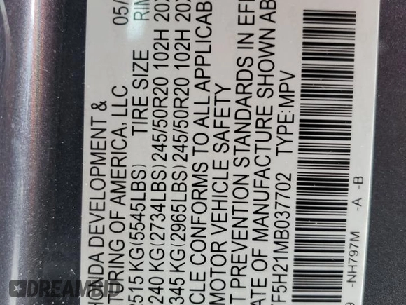 2021 Honda Pilot Special Edition with VIN 5FNYF5H21MB037702, listed as a Copart auction lot 54439445 with 55,410 mi miles and Salvage Title. Bid and sale history available at DreamBid. Image 13.