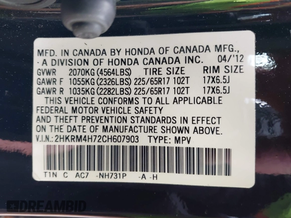 2012 Honda CR-V EX-L with VIN 2HKRM4H72CH607903, listed as a IAAI auction lot 41981042 with 203,584 mi miles. Bid and sale history available at carsss.com. Image 9.